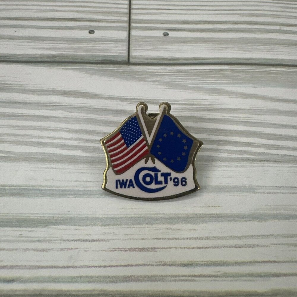 Colt Firearms Pin Vintage American Flag Europe Flag 1996 IWA